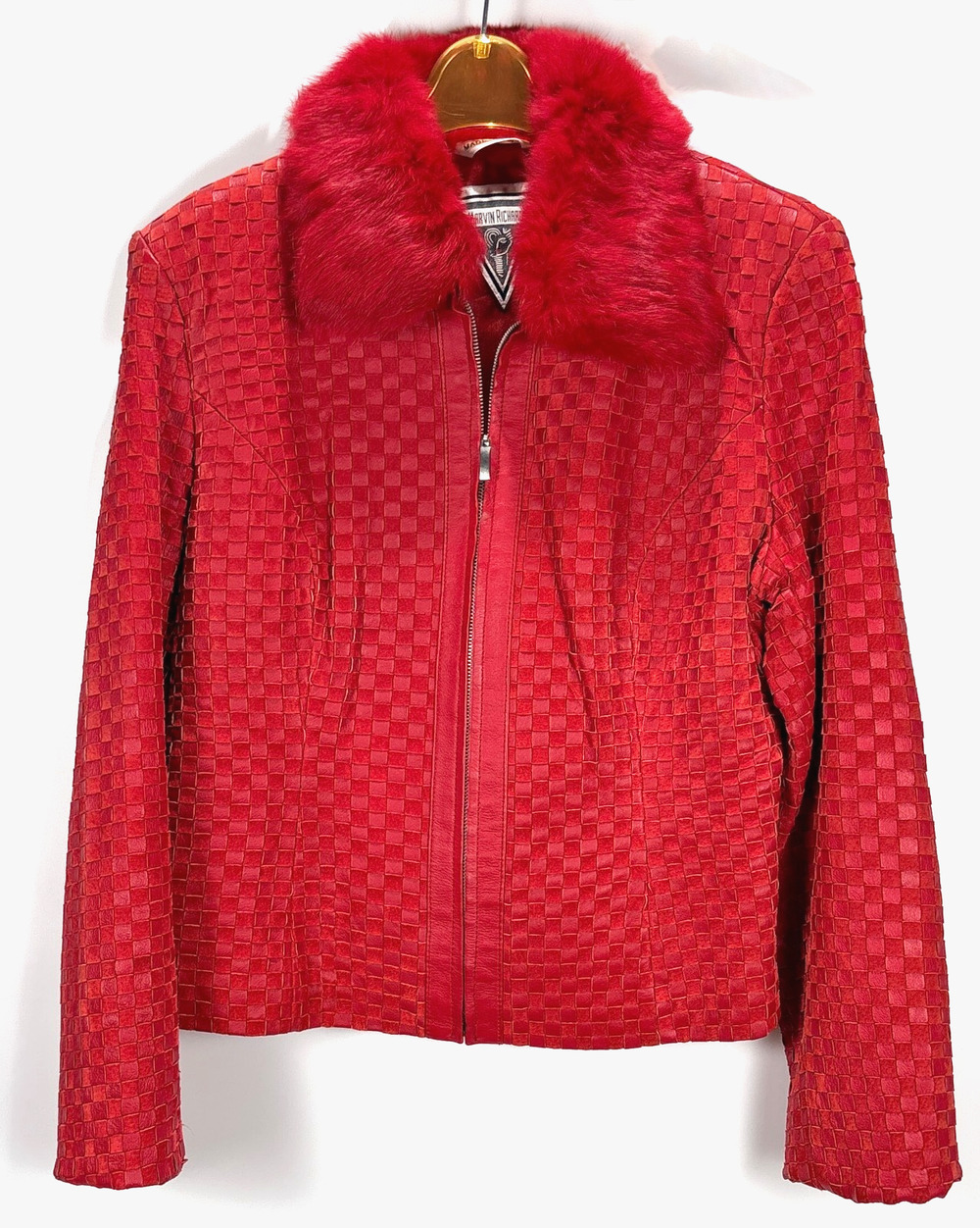 Marvin Richards Women Woven Red Leather Jacket Faux Rabbit Fur Collar Coat LARGE